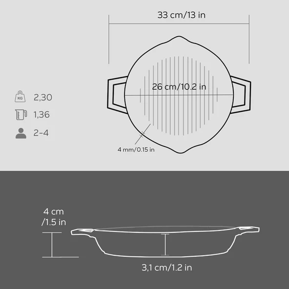 Lava Döküm Yuvarlak Izgara Tavası Döküm Demir Yekpare Çift Kulplu Çap(Ø)26cm. - 5