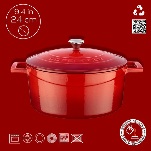 Lava Döküm Yuvarlak Tencere. Folk Çap(Ø)24cm.  Kırmızı - Resim 4