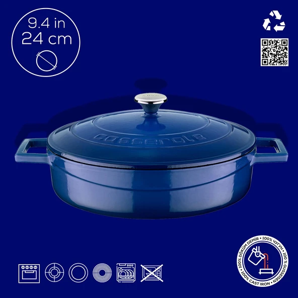 Lava Döküm Çok Amaçlı Yayvan Tencere. Folk Serisi Çap(Ø)24cm.  Mavi - Resim 4