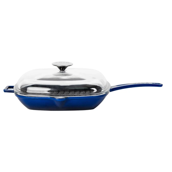 Lava Döküm Kare Izgara Tava Cam Kapaklı Döküm Demir Yekpare Saplı Ölçü 28x28cm.  Mavi ürün görseli