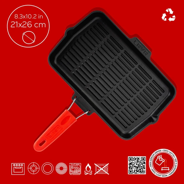 Lava Döküm Dikdörtgen Sığ Izgara Tavası Silikon Tel Saplı Ölçü 21x36cm.  Kırmızı - 5