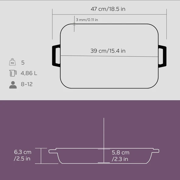 Lava Döküm Dikdörtgen Rosto ve Fırın Tepsisi Döküm Demir Yekpare Çift Kulplu Ölçü 26x40cm. Mor - 5