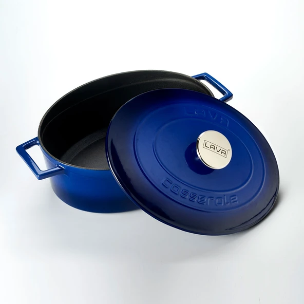 Lava Döküm Oval Tencere. Folk Serisi Ölçü 23x29cm.  Mavi - Resim 3