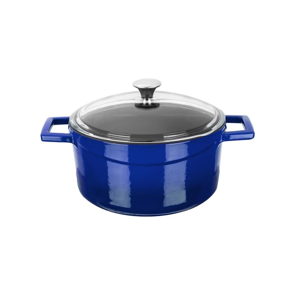 Lava Döküm Yuvarlak Tencere Cam kapaklı. Glaze Çap(Ø)20cm.  Mavi ürün görseli 1