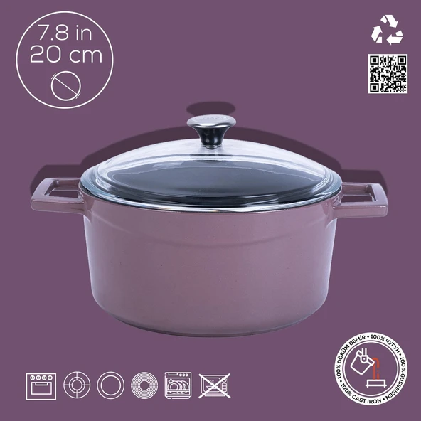 Lava Döküm Yuvarlak Tencere Cam kapaklı. Glaze Çap(Ø)20cm.  Mor - Resim 4