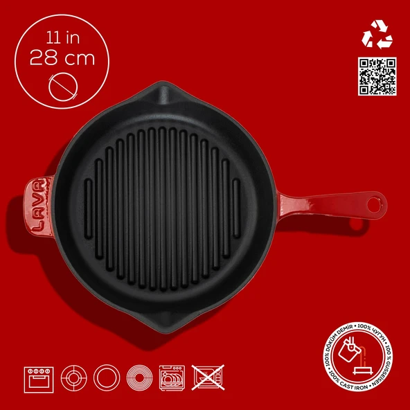 Lava Döküm Yuvarlak Izgara Tava Döküm Demir Yekpare Saplı Çap(Ø)28cm.  Kırmızı - Resim 4