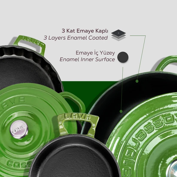 Lava Döküm 4X New Heritage Serisi Döküm Demir Tencere Tava Seti  Yeşil - Resim 5
