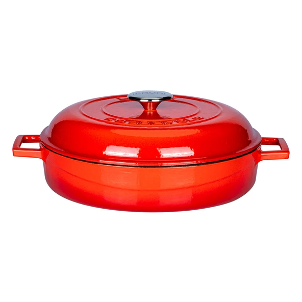 Lava Döküm Çok Amaçlı Yayvan Tencere. Kubbe Form Kapaklı Folk Serisi Çap(Ø)28cm.  Kırmızı ürün görseli