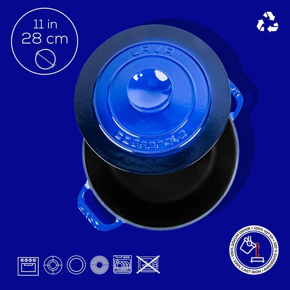 Lava Döküm Yuvarlak Tencere Döküm Demir Kapak Experience Serisi Çap(Ø)28cm  Mavi - Resim 4