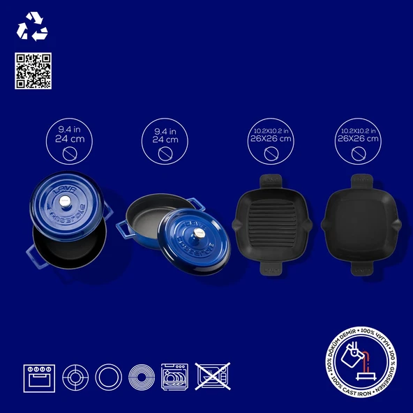 Lava Döküm 5X Trendy Serisi Döküm Demir Tencere Tava Çeyiz Seti  Mavi - Resim 2