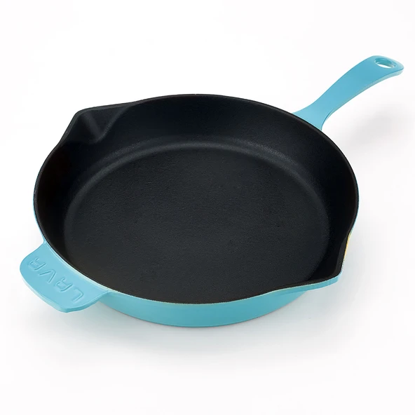 Lava Döküm Yuvarlak Kızartma Tavası Döküm Demir Yekpare Saplı Spring Serisi Çap(Ø)28cm.  Turkuaz - 3