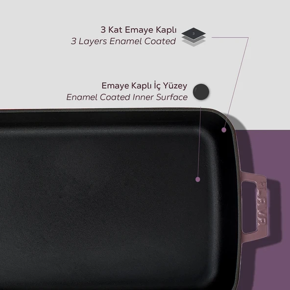 Lava Döküm Dikdörtgen Rosto ve Fırın Tepsisi Döküm Demir Yekpare Çift Kulplu Ölçü 26x40cm. Mor - 6