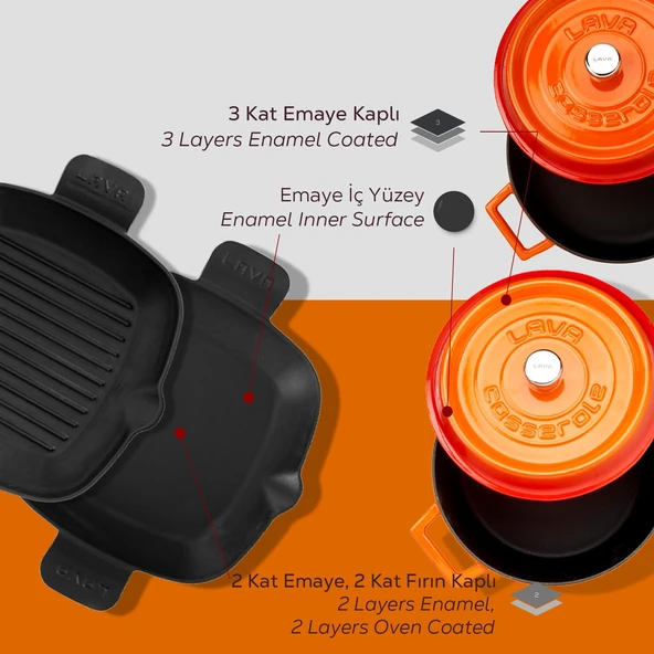 Lava Döküm 5X Trendy Serisi Döküm Demir Tencere Tava Çeyiz Seti  Turuncu - Resim 4
