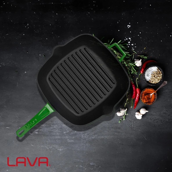 Lava Döküm Kare Izgara Tava Döküm Demir Yekpare Saplı Ölçü 26x26cm.  Yeşil - Resim 6