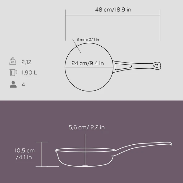 Lava Döküm Yuvarlak Kızartma Tavası Döküm Demir Yekpare Saplı Çap(Ø)24cm.  Mor - Resim 5