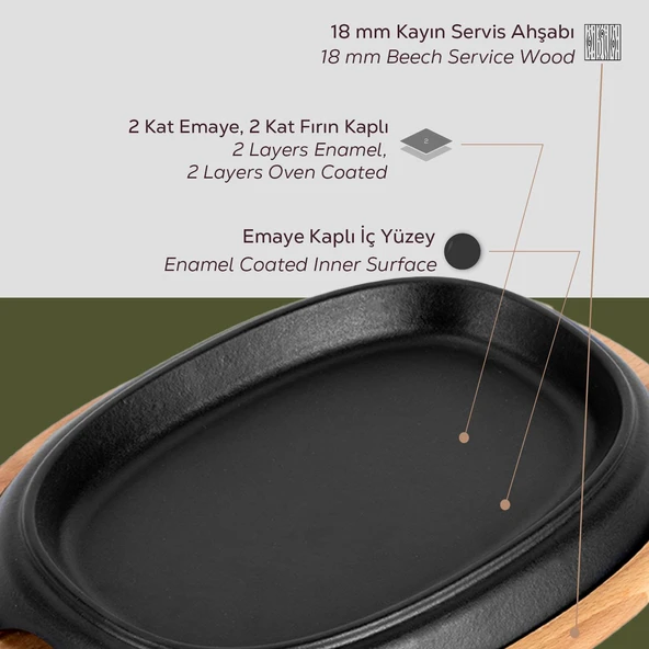 Lava Döküm Oval Fajita Tabağı Kayın Servis Ahşabı Ölçü 26x19cm. - 4