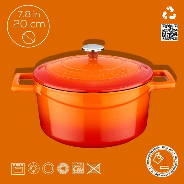 Lava Döküm Yuvarlak Tencere. Folk Çap(Ø)20cm.  Turuncu - Resim 4