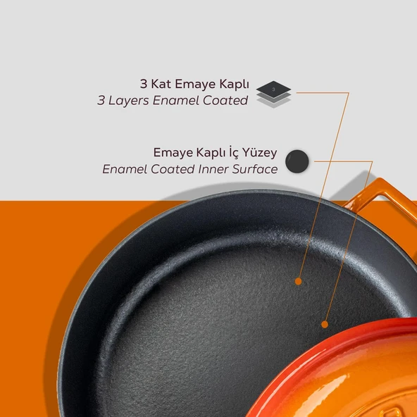 Lava Döküm Çok Amaçlı Yayvan Tencere. Kubbe Form Kapaklı Folk Serisi Çap(Ø)28cm.  Turuncu - Resim 6