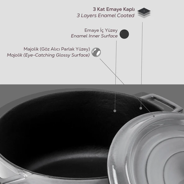 Lava Döküm Yuvarlak Tencere Döküm Demir Yekpare Kulplu Premium Serisi Çap(Ø)28cm.  Gri - Resim 6