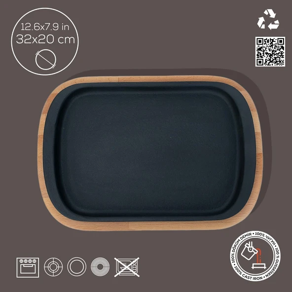 Lava Döküm Dikdörtgen Servis Tabağı ve Kayın Servis Ahşabı. Ölçü 32x20cm. - 2