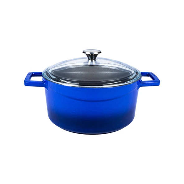 Lava Döküm Yuvarlak Tencere Cam kapaklı. Glaze Çap(Ø)24cm.  Mavi ürün görseli