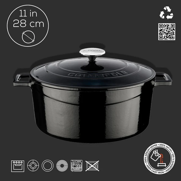 Lava Döküm Yuvarlak Tencere. Folk Çap(Ø)28cm.  Siyah - 4