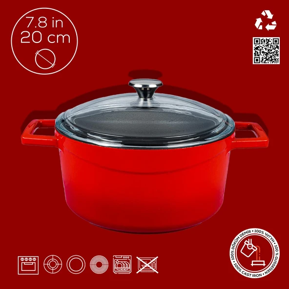 Lava Döküm Yuvarlak Tencere Cam kapaklı. Glaze Çap(Ø)20cm.  Kırmızı - 4