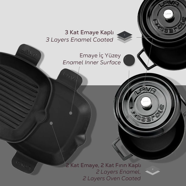 Lava Döküm 5X Trendy Serisi Döküm Demir Tencere Tava Çeyiz Seti  Siyah - Resim 4