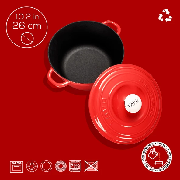 Lava Döküm Yuvarlak Tencere Döküm Demir Kapak New Heritage Serisi Çap(Ø)26cm.  Kırmızı - 5