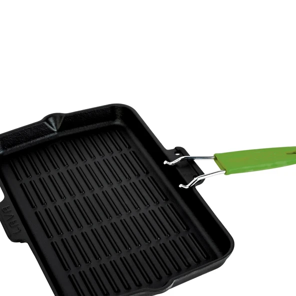 Lava Döküm Dikdörtgen Sığ Izgara Tavası Silikon Tel Saplı Ölçü 21x36cm.  Yeşil - Resim 4