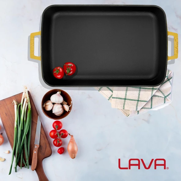 Lava Döküm Dikdörtgen Rosto ve Fırın Tepsisi Döküm Demir Yekpare Çift Kulplu Spring Serisi Ölçü 26x40cm. Sarı - 7