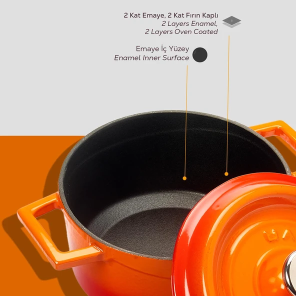 Lava Döküm Yuvarlak Tencere. Trendy Çap(Ø) 16cm.  Turuncu - Resim 5