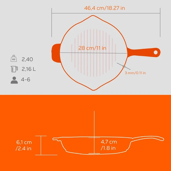 Lava Döküm Yuvarlak Izgara Tavası Döküm Demir Yekpare Saplı Spring Serisi Çap(Ø)28cm.  Turuncu - Resim 5