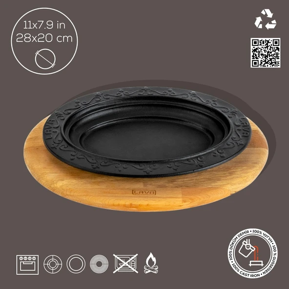 Lava Döküm Oval Döner, Kebap Tabağı Kayın Servis Ahşabı. Ölçü 28x20cm. - 4