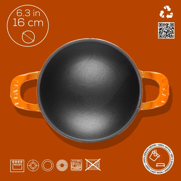 Lava Döküm Mini Wok Yekpare Kulplu Çap(Ø)16cm.  Turuncu - 3