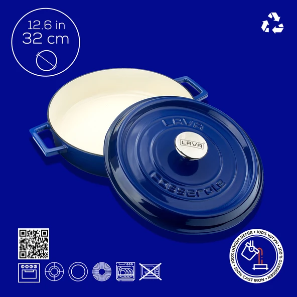 Lava Döküm Çok Amaçlı Yayvan Tencere Döküm Demir Yekpare Kulplu Edition Serisi Çap(Ø)32cm.  Mavi - Resim 4