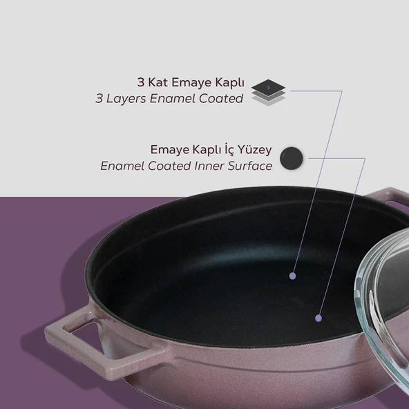 Lava Döküm Çok Amaçlı Yayvan Tencere. Glaze Serisi Çap(Ø)24cm. - Kırmızı  Mor - Resim 6