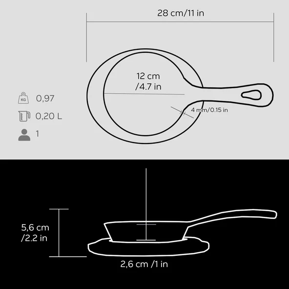 Lava Döküm Yuvarlak Kızartma Tavası Yekpare Saplı Kayın Servis Ahşabı. Çap(Ø)12cm. - Resim 5