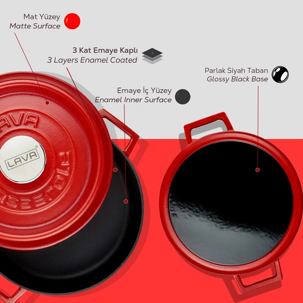 Lava Döküm Çok Amaçlı Yayvan Tencere Döküm Demir Yekpare Kulplu Spring Serisi Çap(Ø)24cm.  Kırmızı - Resim 6