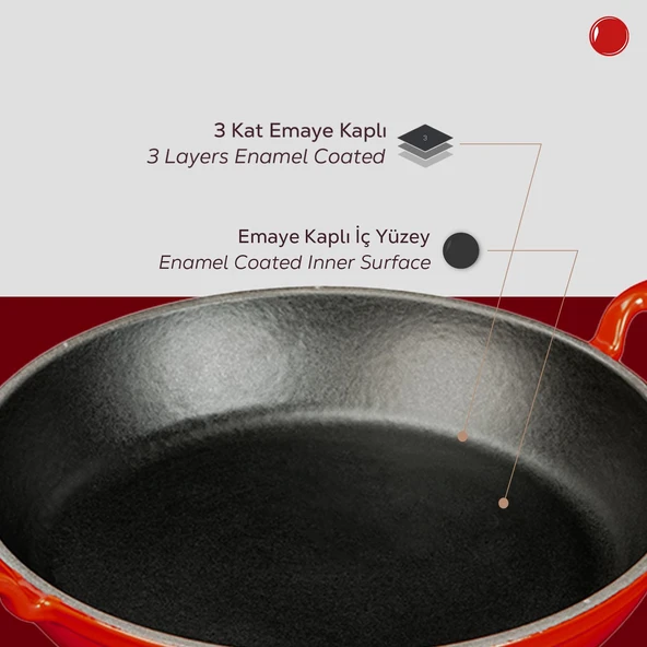 Lava Döküm Yuvarlak Sahan Cam Kapaklı Döküm Demir Yekpare Çift Kulplu Çap(Ø)24cm.  Kırmızı - 6