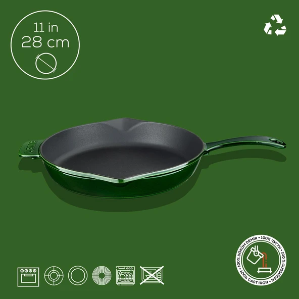 Lava Döküm Yuvarlak Kızartma Tavası Döküm Demir Yekpare Saplı Premium Serisi. Çap(Ø)28cm.  Yeşil - 4