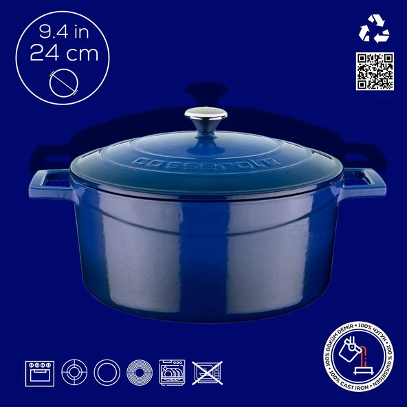 Lava Döküm Yuvarlak Tencere. Folk Çap(Ø)24cm.  Mavi - Resim 4