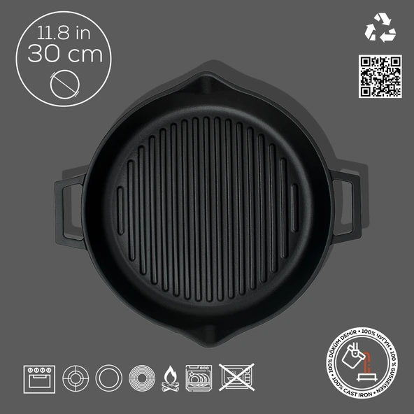 Lava Döküm Yuvarlak Izgara Tavası Döküm Demir Yekpare Çift Kulplu Konkav Taban 15mm. Çap(Ø)30cm. - 4