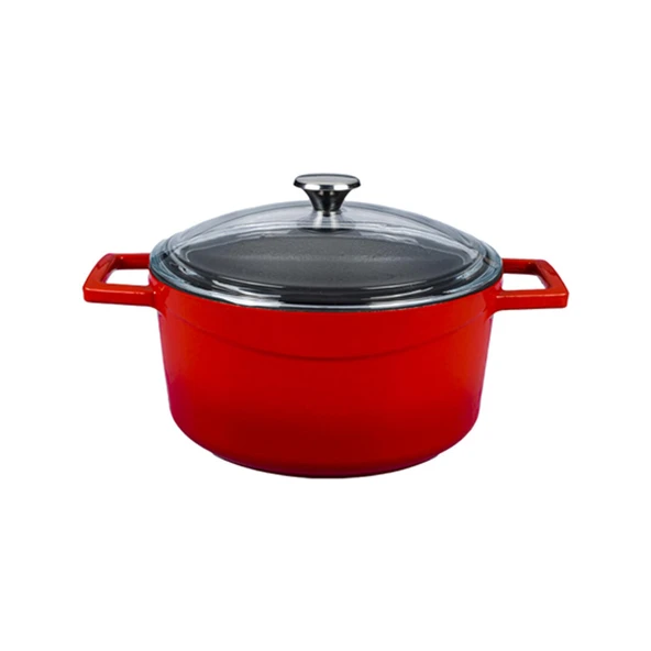 Lava Döküm Yuvarlak Tencere Cam kapaklı. Glaze Çap(Ø)24cm.  Kırmızı
