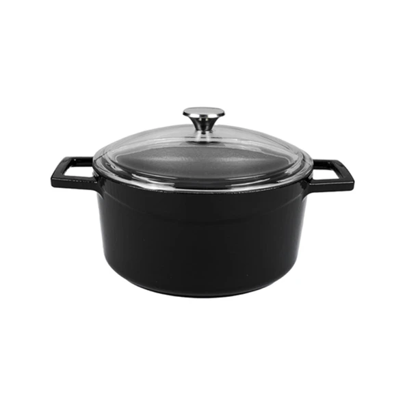 Lava Döküm Yuvarlak Tencere Cam kapaklı. Glaze Çap(Ø)24cm.  Siyah