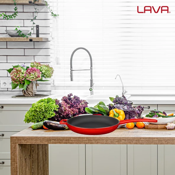 Lava Döküm Yuvarlak Kızartma Tavası Döküm Demir Yekpare Saplı  Çap(Ø)20cm.  Kırmızı - Resim 7