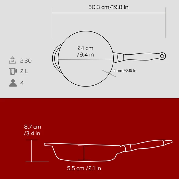 Lava Döküm Yuvarlak Kızartma Tavası Döküm Demir Sök - Tak Ahşap Sap Çap(Ø)24cm Kırmızı - 5