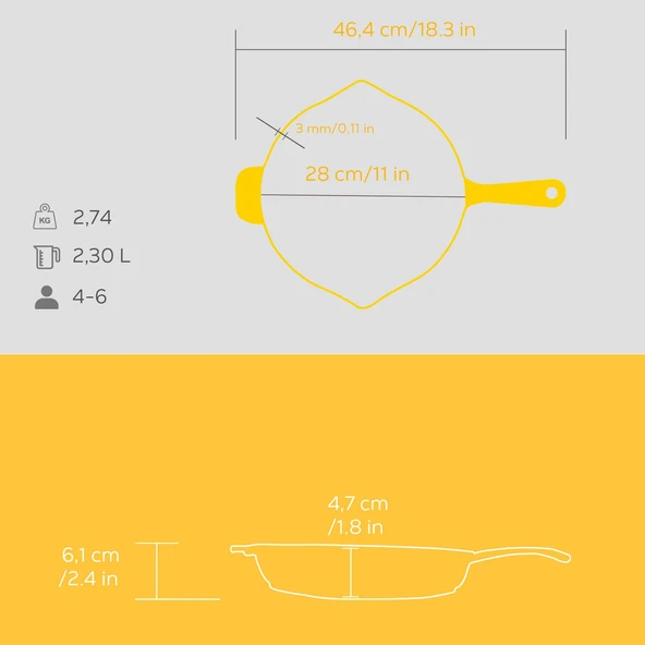 Lava Döküm Yuvarlak Kızartma Tavası Döküm Demir Yekpare Saplı Spring Serisi Çap(Ø)28cm.  Sarı - Resim 5