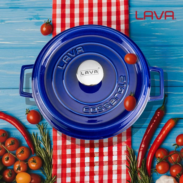 Lava Döküm Yuvarlak Tencere Döküm Demir Yekpare Kulplu Premium Serisi Çap(Ø)28cm.  Mavi - Resim 8