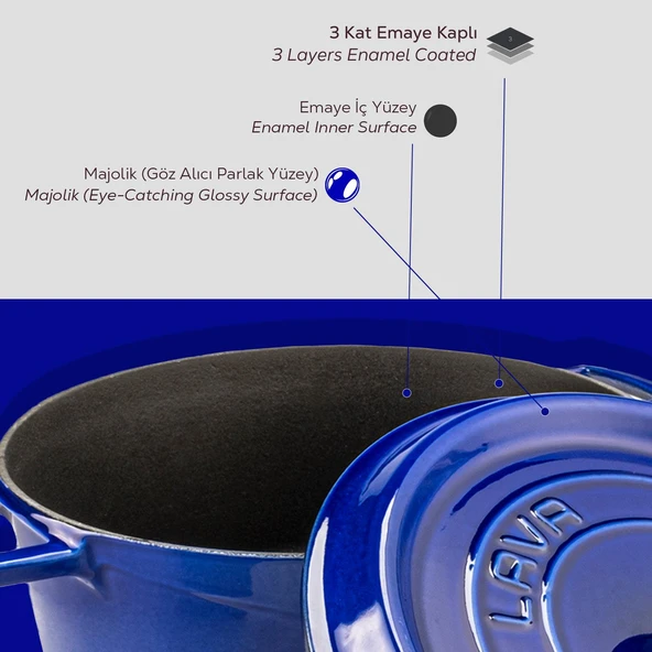 Lava Döküm Yuvarlak Tencere Döküm Demir Yekpare Kulplu Premium Serisi Çap(Ø)28cm.  Mavi - Resim 7